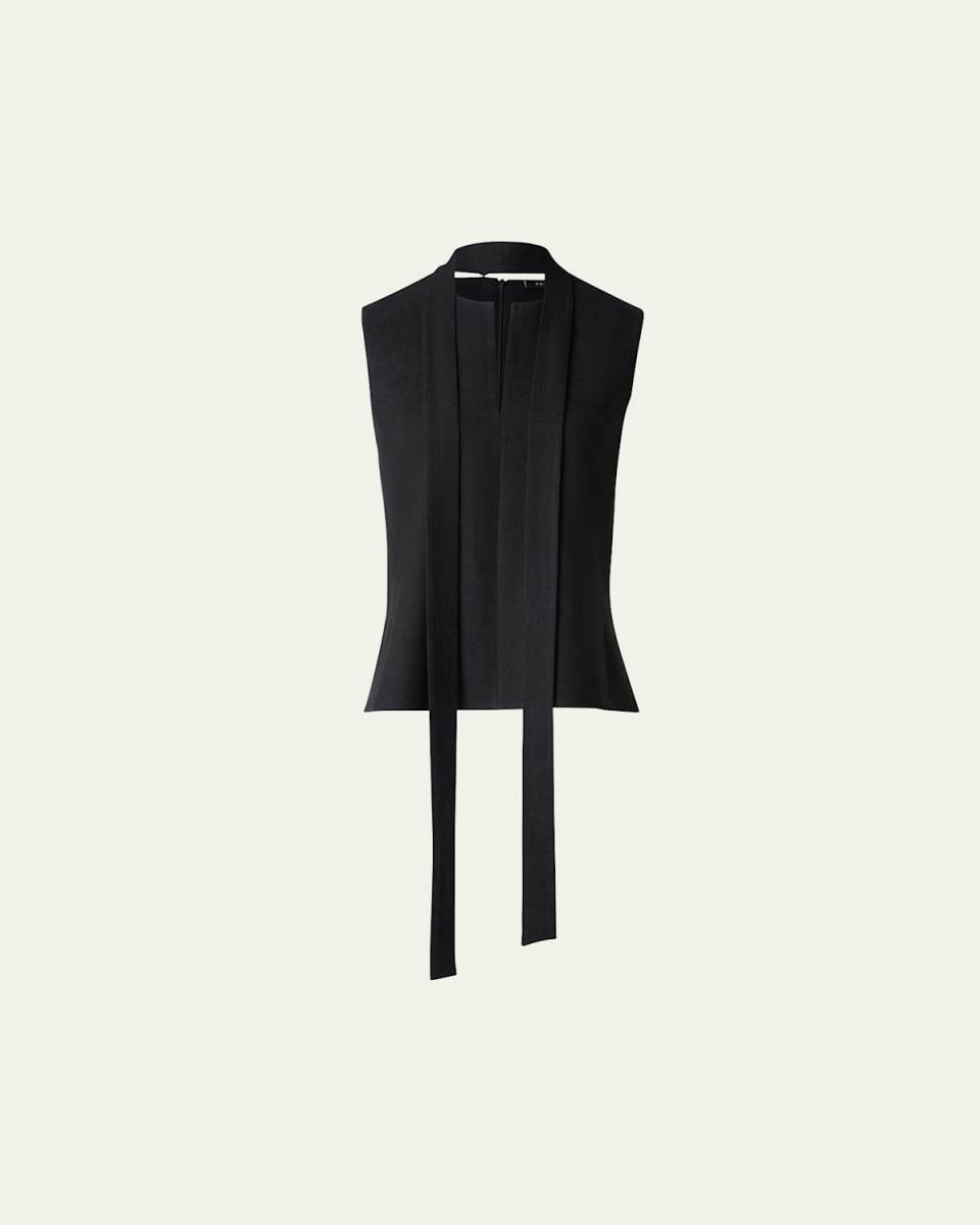Neck-Tie Stonewash Twisted Linen-Blend Sleeveless Blouse